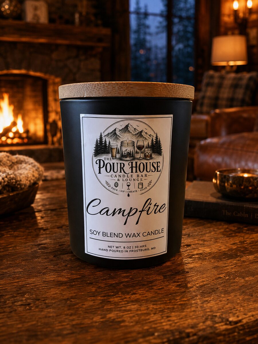 The Pour House Campfire soy candle on the bar